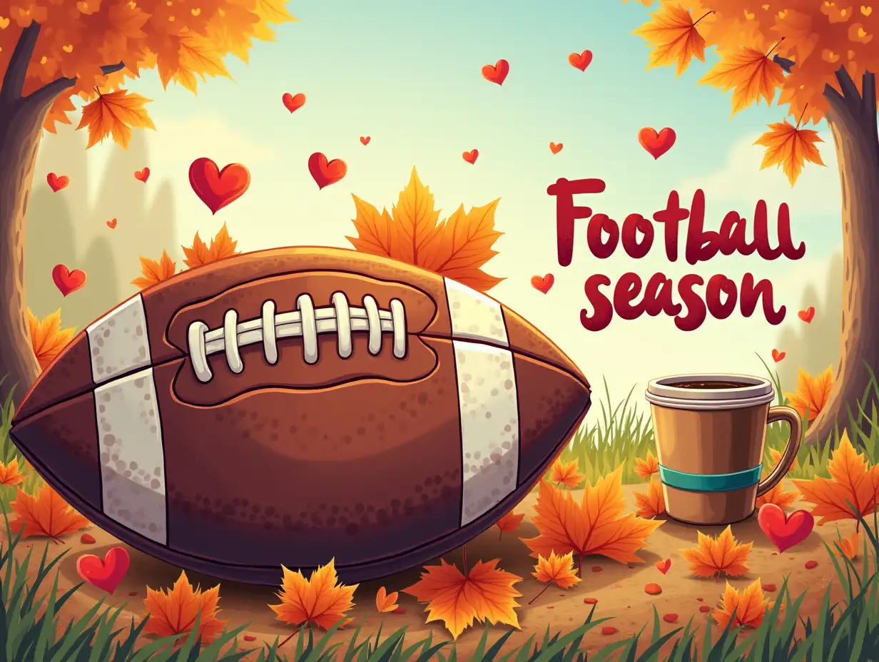 vector, 64k. A vibrant, football-themed scene with a playful and energetic atmosphere. A brown and white football rests on a bed of autumn leaves, surrounded by hearts and a leopard print pattern. A coffee cup and a football helmet complete the scene. The overall style is detailed and colorful, with a focus on the excitement and anticipation of football season. featuring the word 'Football Season' in bold, right.