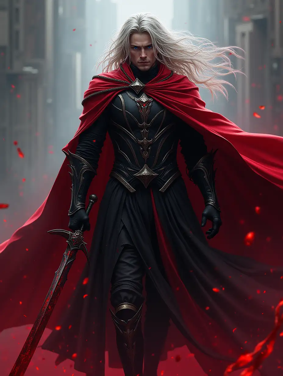 dark fantasy, male character, blood knight, black cuirass, crimson clothes, black and red ceremonial robe, crimson cloak, blue eyes, long wavy pale hair, blood saber, (long hair), cloak flutters in the wind, blood magic, curved sword covered with blood, stern face, dynamic posture