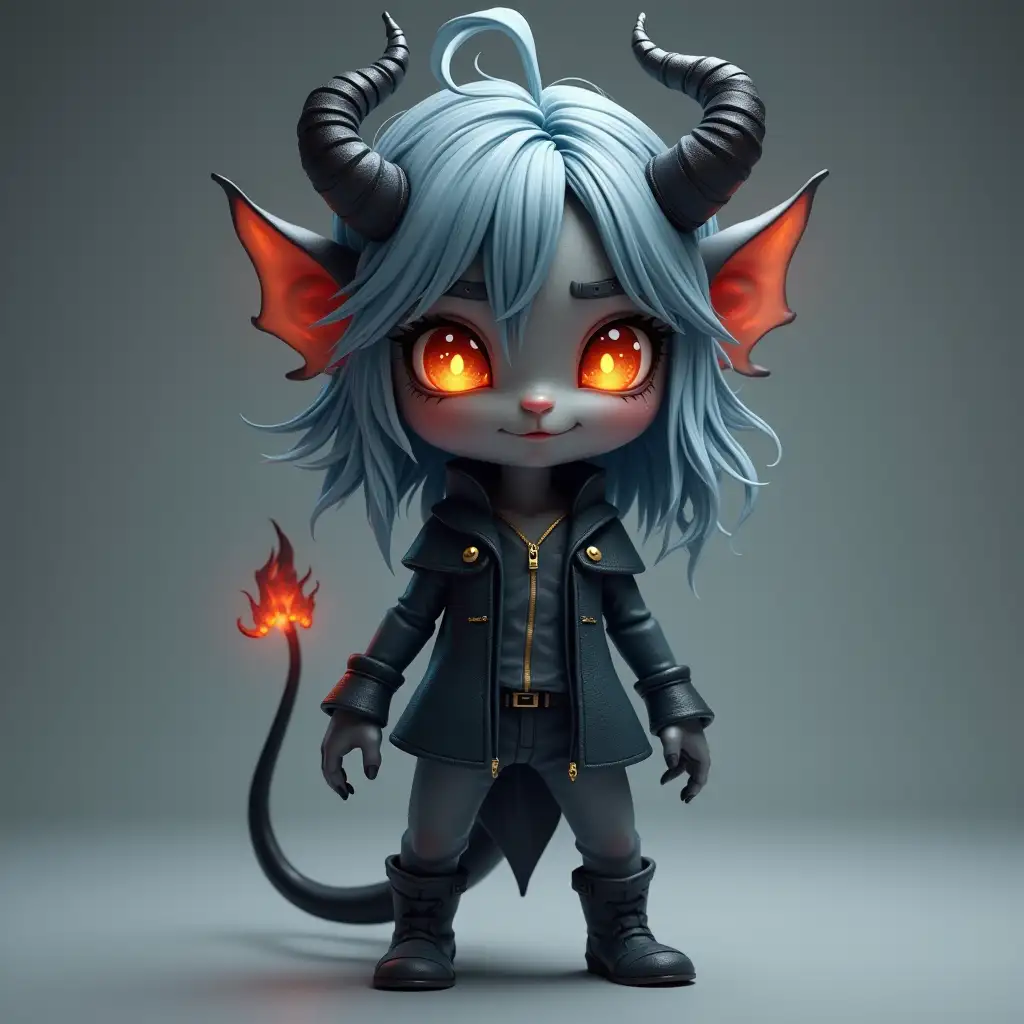 a cute female imp familar, with charcoal grey skin, glowing orange eyes and blue-grey hair, a demonic horns and tail, realistic, full body view