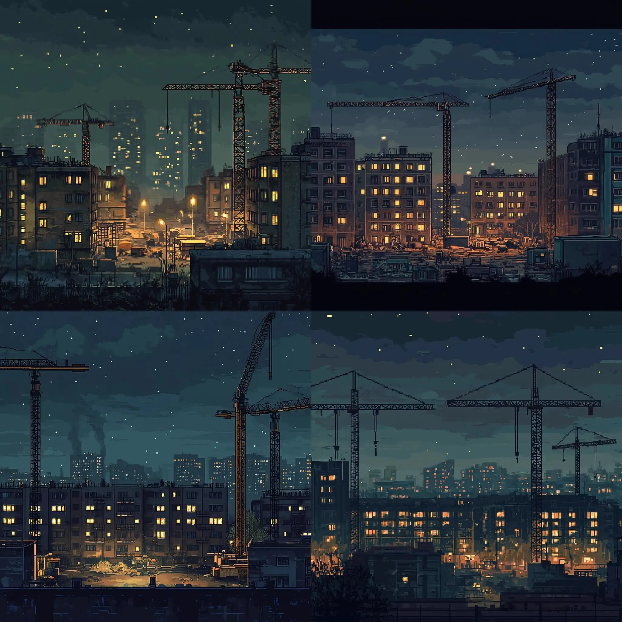 Modern-Pixel-Art-Nighttime-Construction-SovietEra-Buildings-Amidst-Cranes-and-Machinery