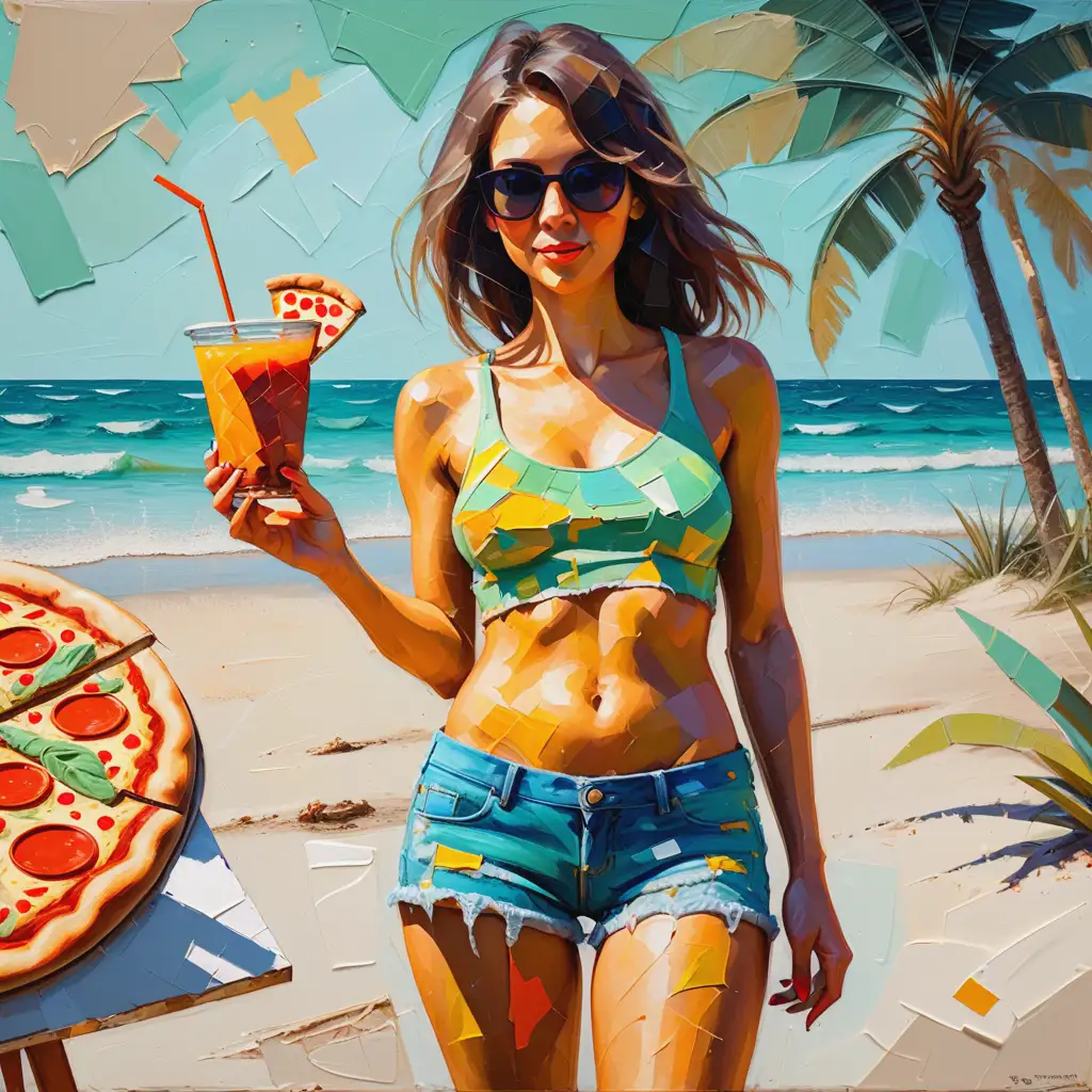 Woman Serving Pizza and Tropical Drink on Beach Abstract Textured Painting