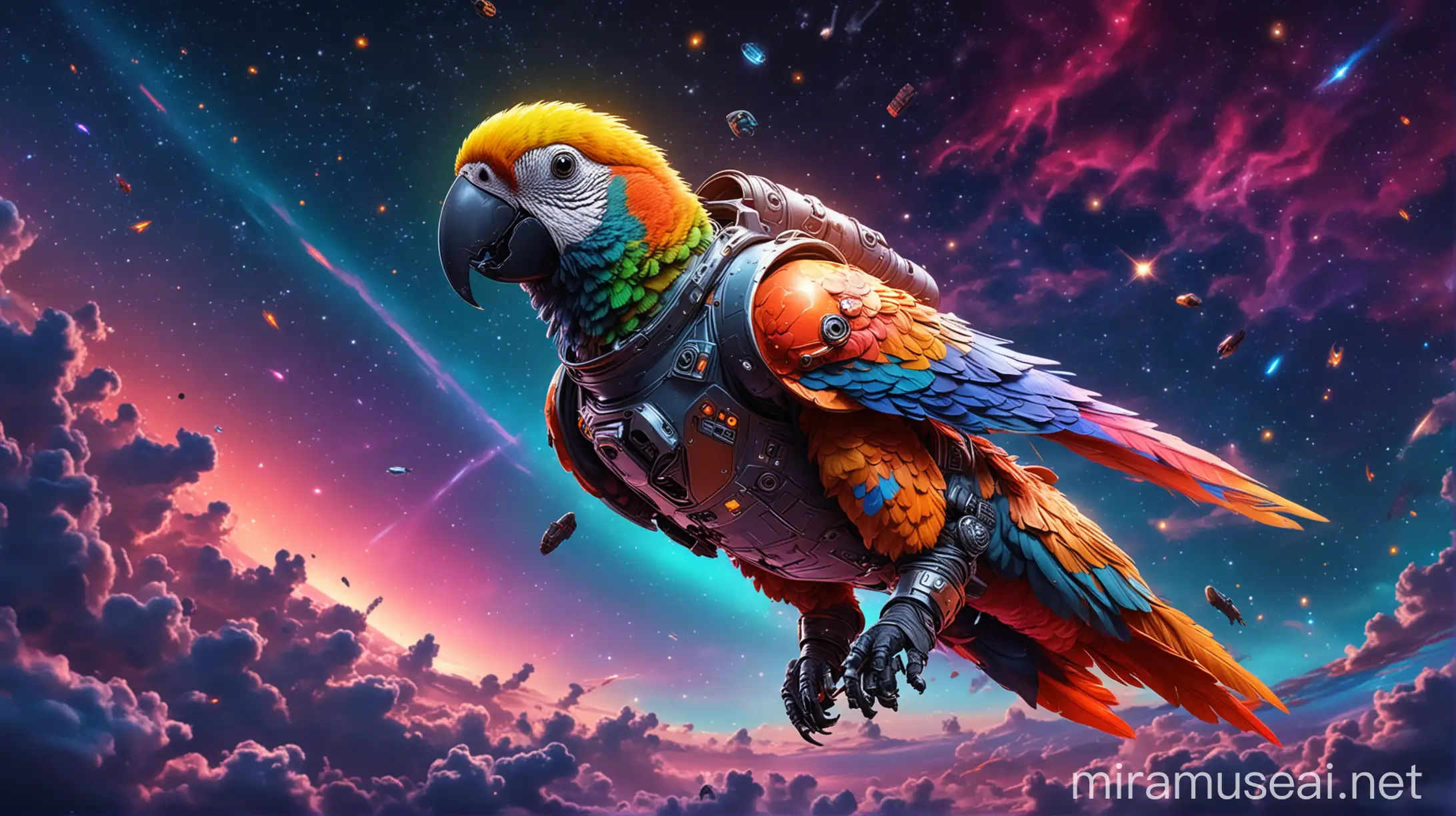 Cartoon Parrot in Colorful Neon Spacesuit with SciFi Spaceship