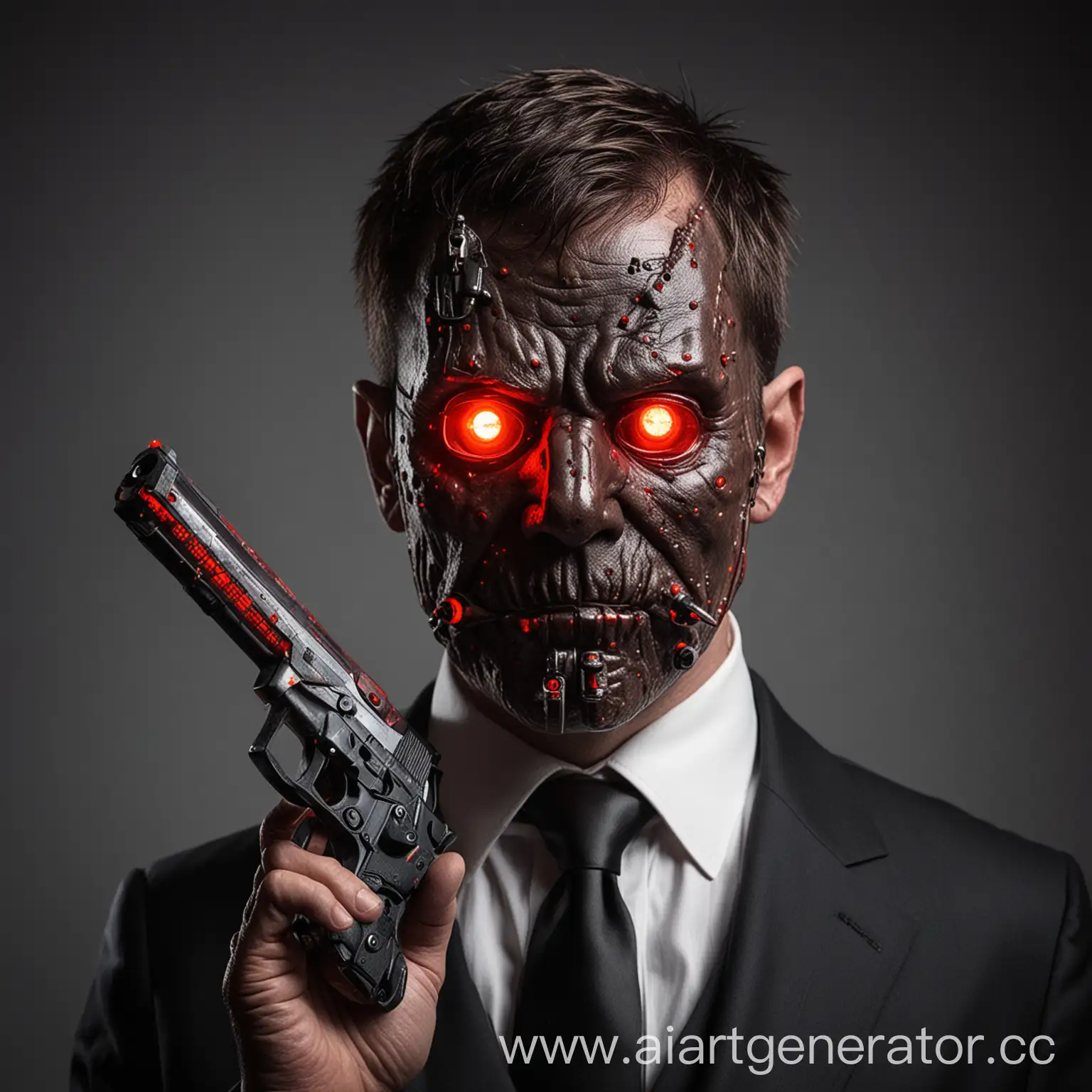 Man-Made-of-Skin-with-Red-Diode-Lamp-Muzzle-Holding-Gun-in-Business-Attire