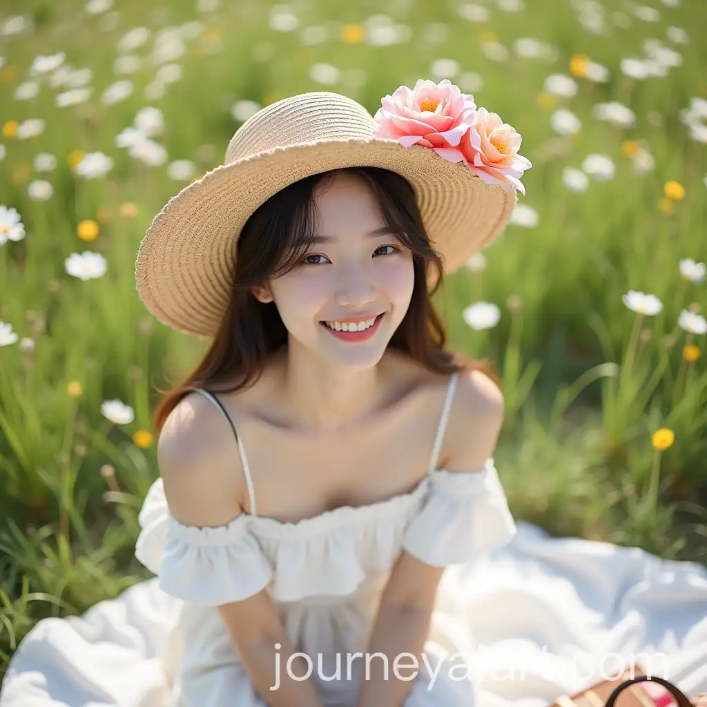 FairSkinned-Korean-Idol-in-Straw-Hat-and-Floral-Dress-Smiling-in-Flower-Field