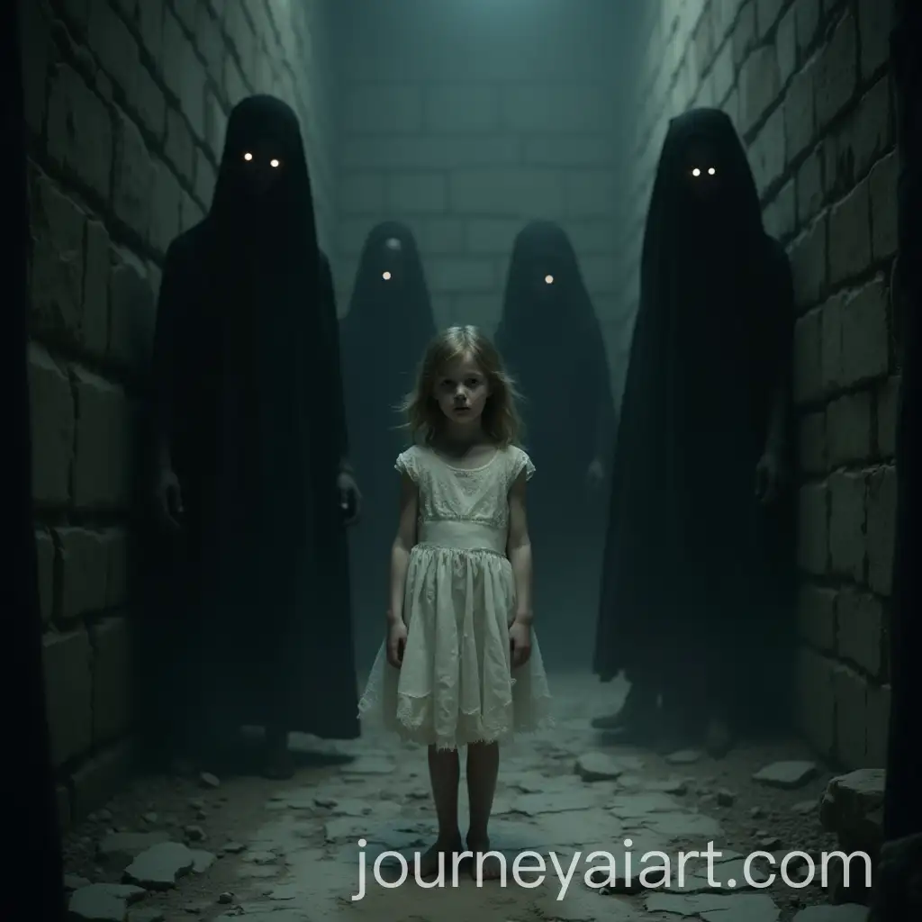 Haunting-Young-Girl-in-a-Shadowy-Labyrinth-with-Dark-Glowing-Figures