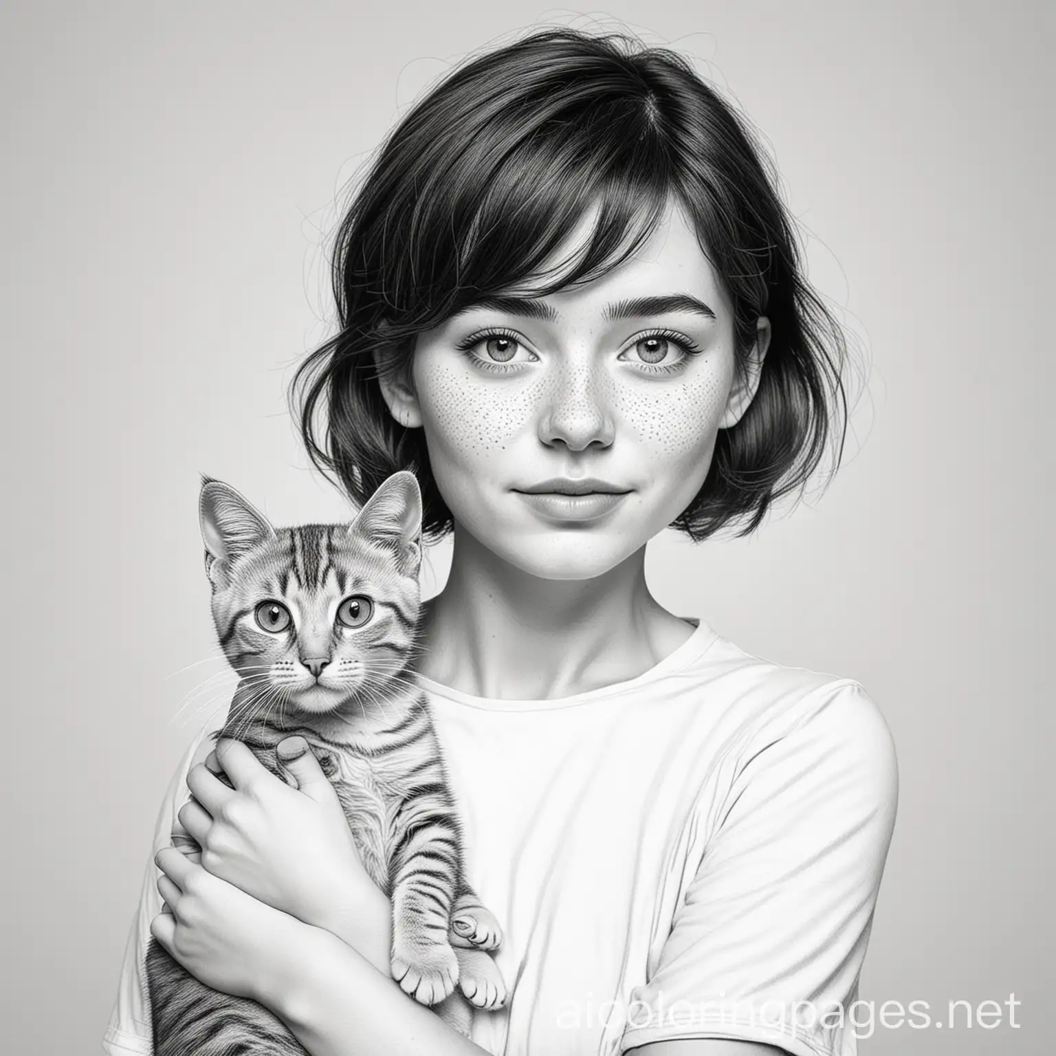 Girl-with-Short-Hair-and-Freckles-Holding-Cat-Coloring-Page