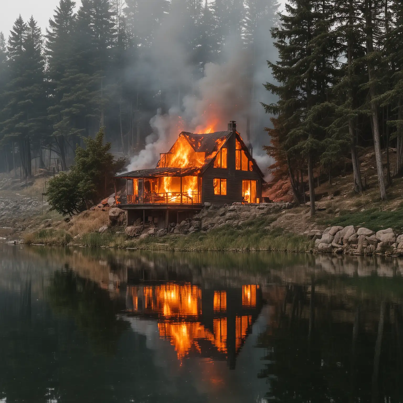 Scenic Burning House by the Lake