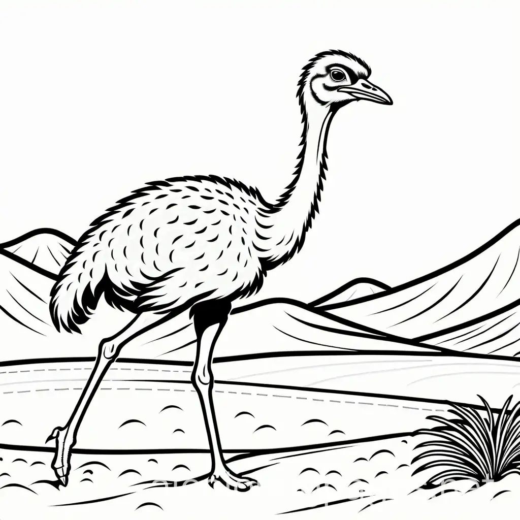 the ostrich running across the desert, Coloring Page, black and white, line art, white background, Simplicity, Ample White Space. The background of the coloring page is plain white to make it easy for young children to color within the lines. The outlines of all the subjects are easy to distinguish, making it simple for kids to color without too much difficulty