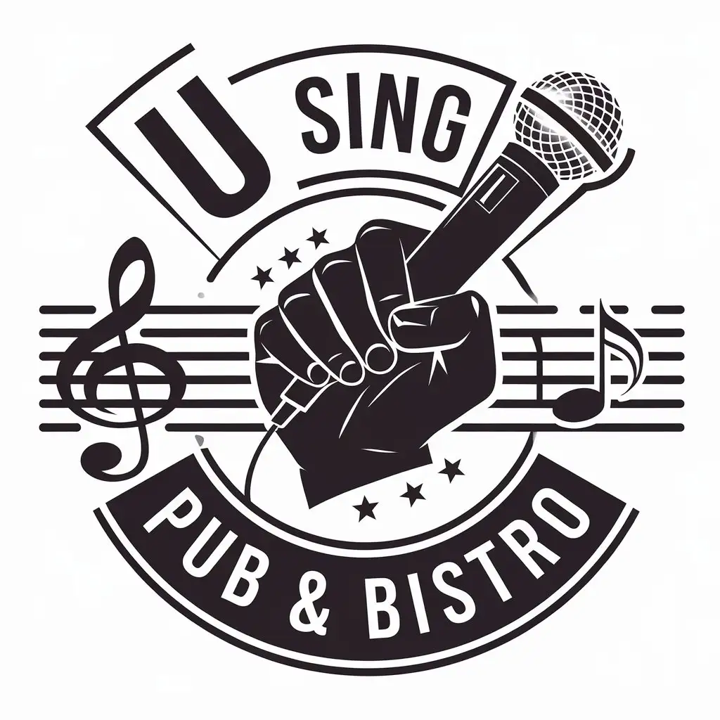 LOGO-Design-for-U-Sing-Pub-Bistro-Mic-Hand-and-Music-Note-with-Entertainment-Industry-Vibe