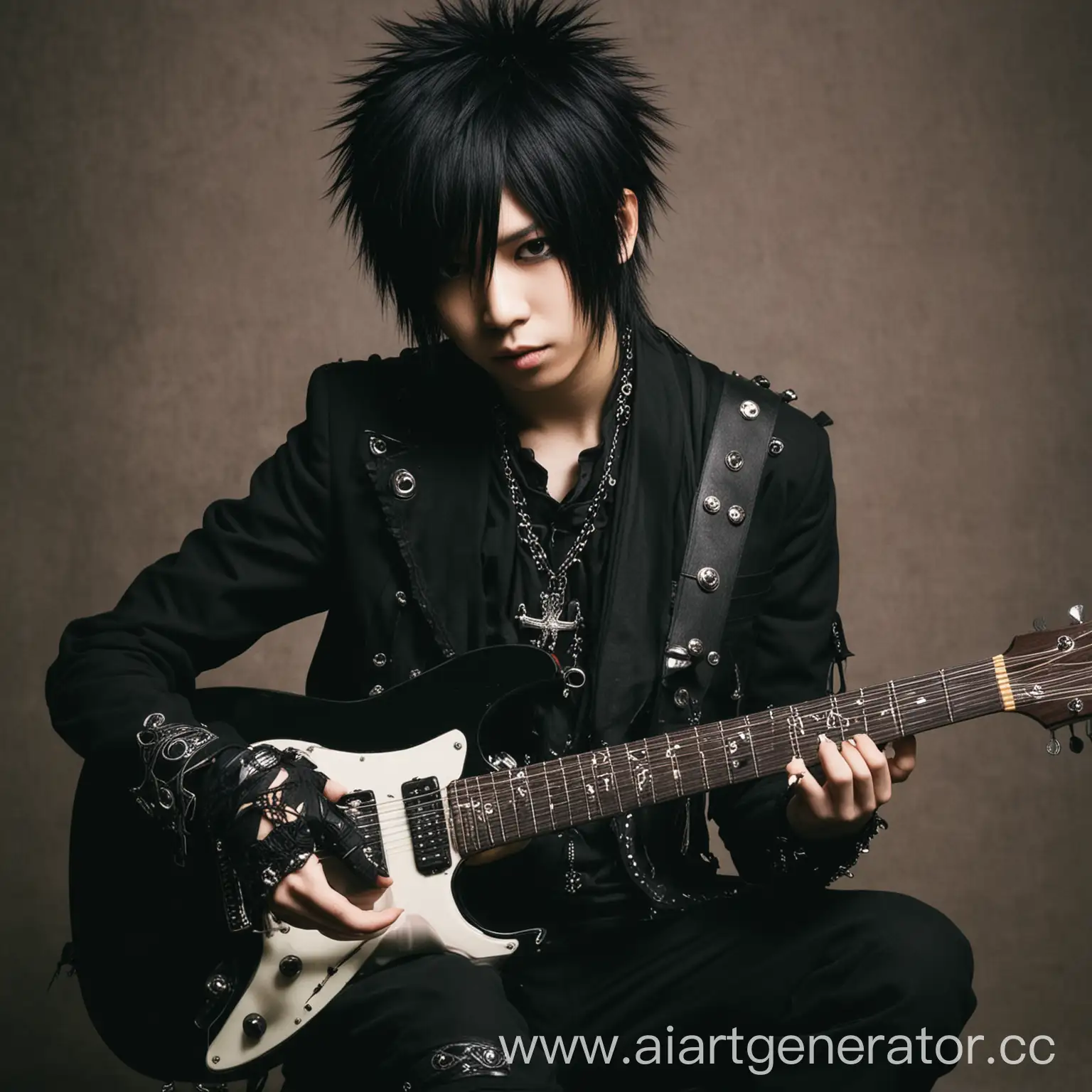 Asian-Boy-Playing-Guitar-in-Visual-Kei-Gothic-Clothing