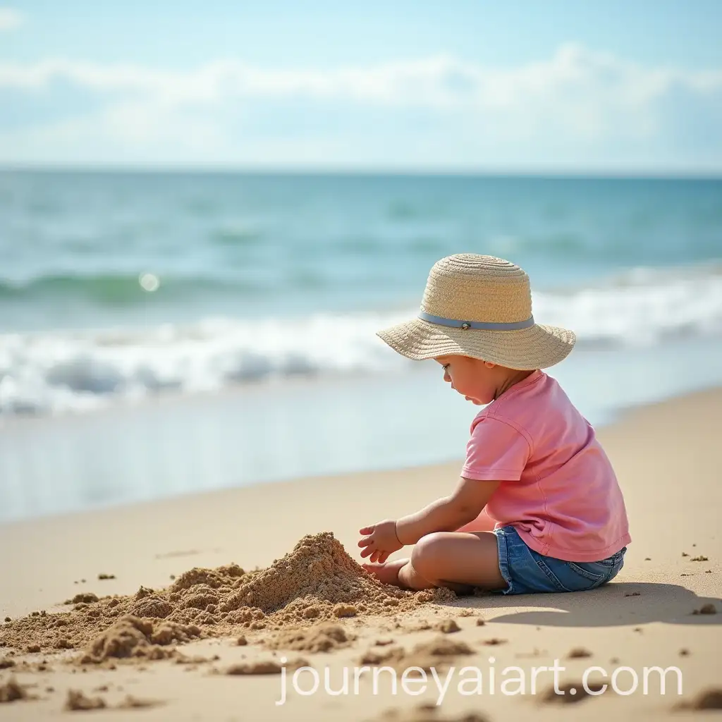 Child-Playing-on-the-Beach-Making-Sandcastles-Facing-the-Sea