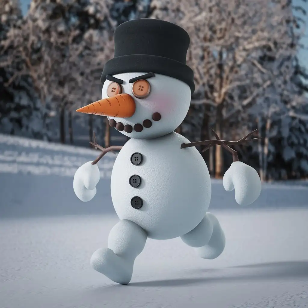 Cartoon-Evil-Snowman-with-Huge-Carrot-Nose-Running-Away-in-3D