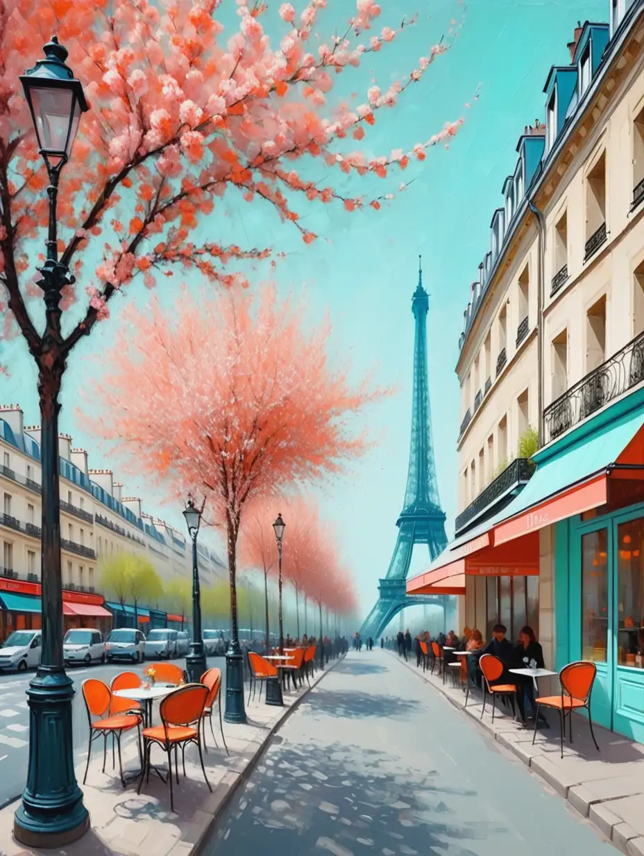 Impressionist Spring Blossom Paris Street Cafe Scene