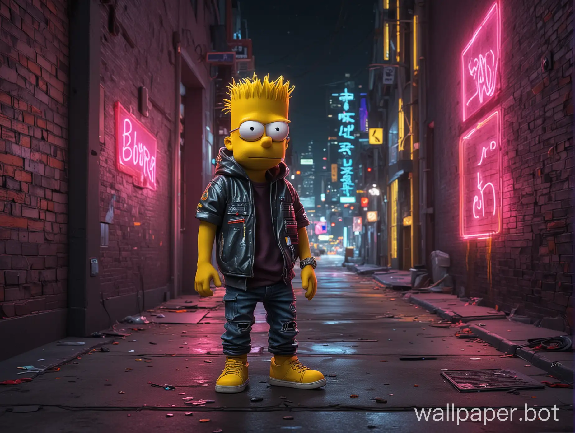 generate a realistic desktop wallpaper of Bart Simpson with futuristic neon clothes in front of a wall covered in neon shapes in a modern city night scene in 1920 x 1080 resolution