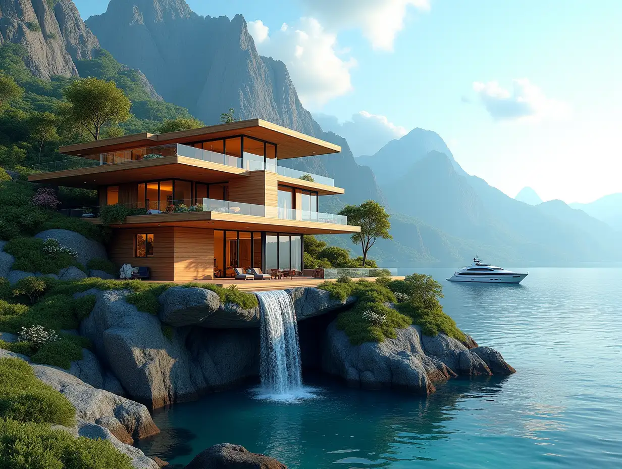 A futuristic multi-story house made of many wood-illuminated glass squares and wood lies on the mountain peak, many plants waterfall, trees, blue sky, bright environment, mountains, clear water and a yacht in the background, colorful 8k quality