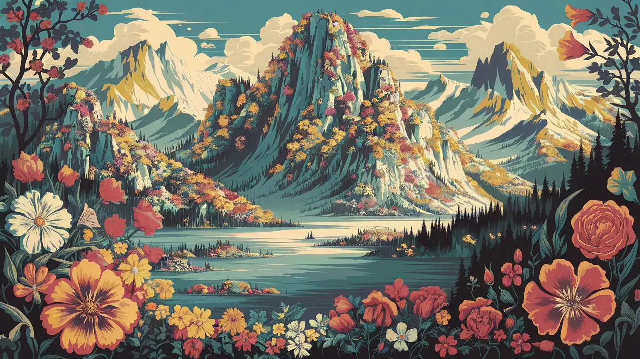 Colorful-Retro-Futuristic-Travel-Poster-of-Flowery-Grand-Mountain-Scene