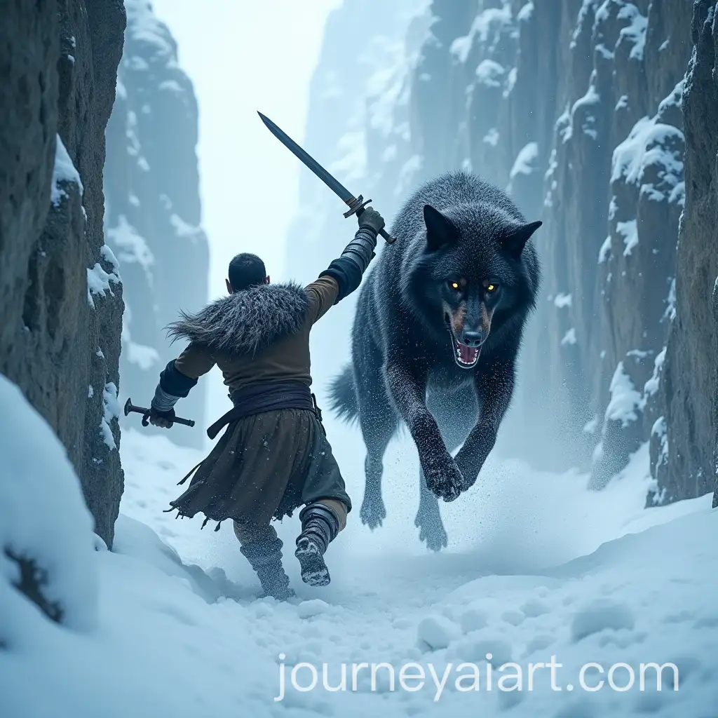 Warrior-Battles-Black-Wolf-in-Narrow-Icy-Pass