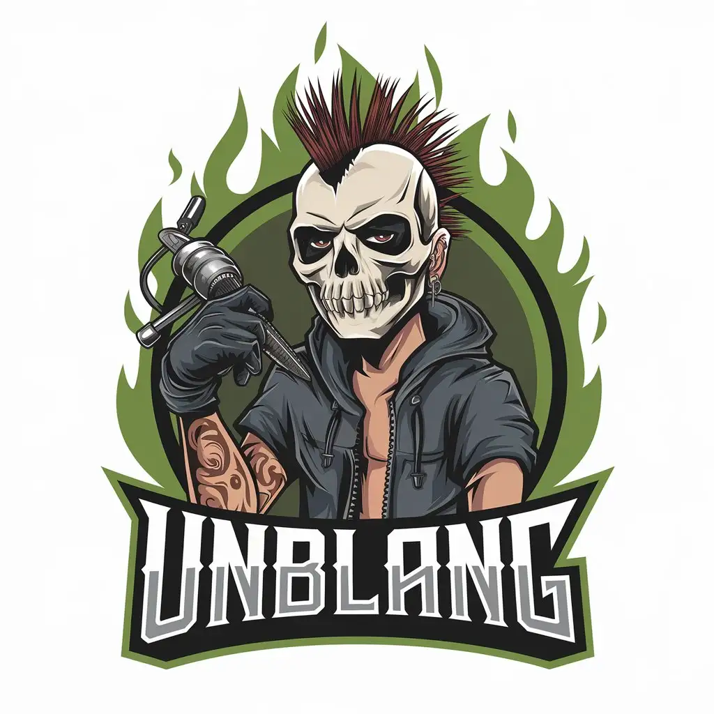 LOGO Design for Unblang Skull Mask Mohawks Tattoo Machine Green Fire Theme