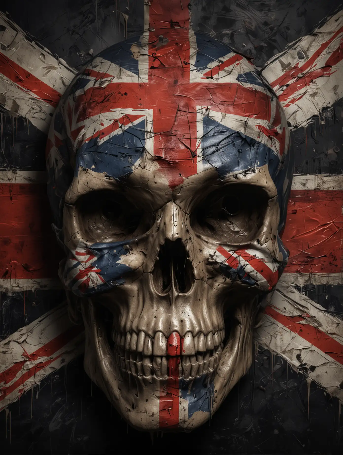 Sinister-Skull-Painted-with-United-Kingdom-of-England-Flag-Pattern-on-Dark-Background