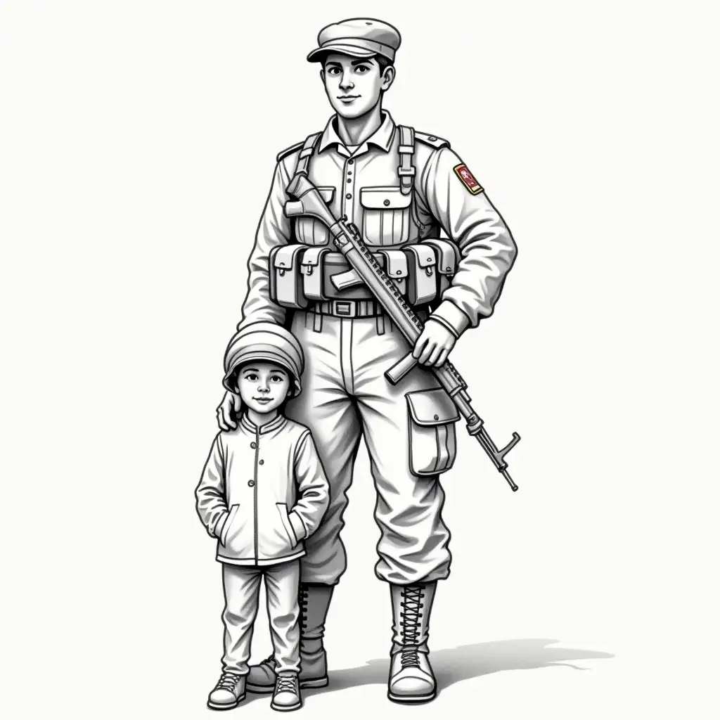 Sketch of Young soldier standing with a child