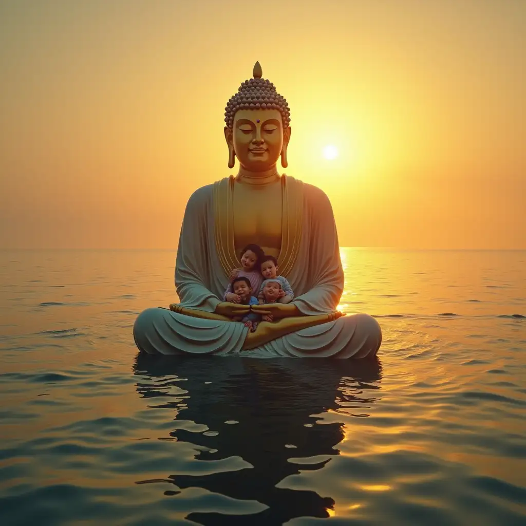 giant Buddha sitting peacefully in the middle of the ocean, holding small children gently in his lap. The ocean is vast and calm, reflecting the golden hues of a beautiful sunset. The scene is serene and spiritual, with a soft glow surrounding the Buddha, symbolizing warmth and protection. The children look peaceful and safe in Buddha’s embrace