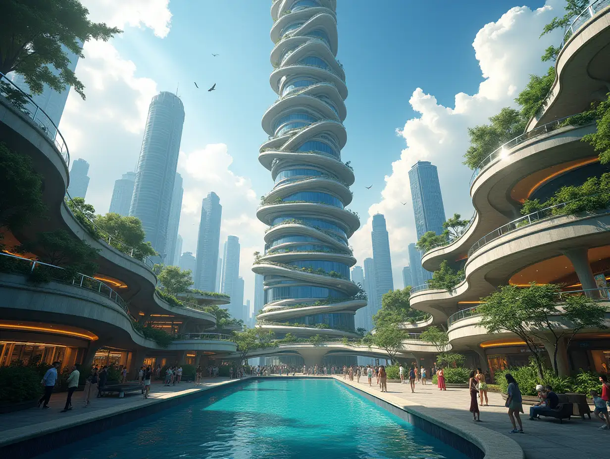 Create a high-resolution, realistic panorama image of a futuristic spiral tower in a big city with subway, shopping mall, bridge, swimming pool and many people, many plants and cloudy sky