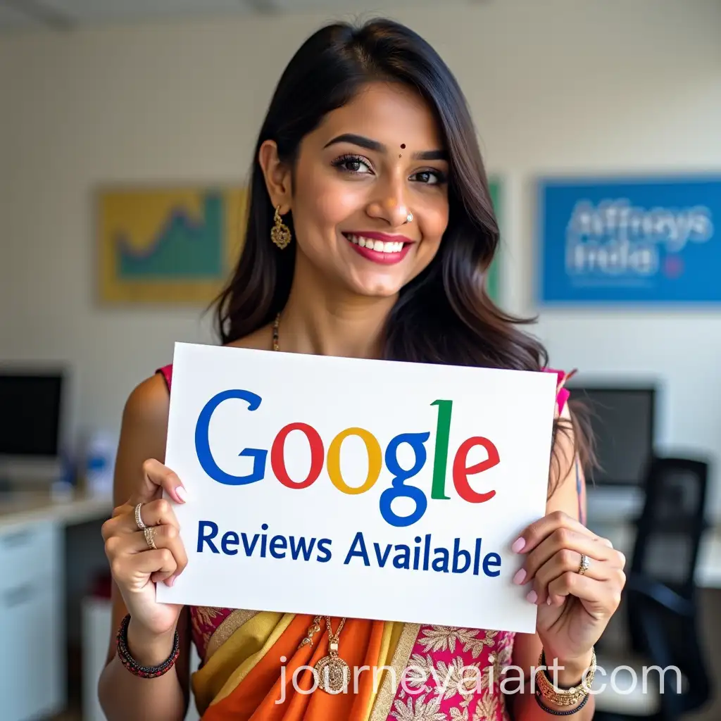 Indian-Woman-in-Colorful-Office-Outfit-Holding-Google-Business-Sign-in-Modern-Software-Office