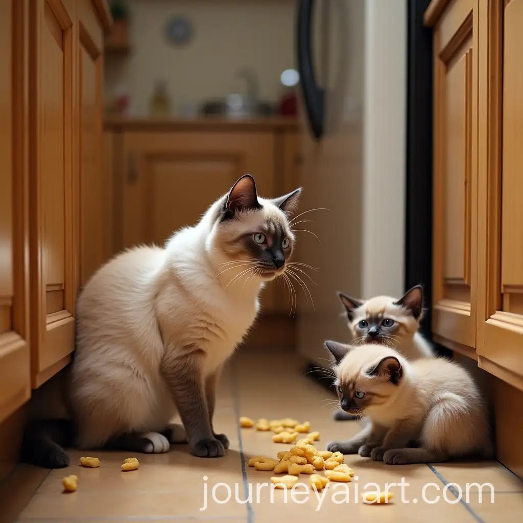 Himalayan-Siamese-Cat-Sneaking-Food-with-Curious-Kittens