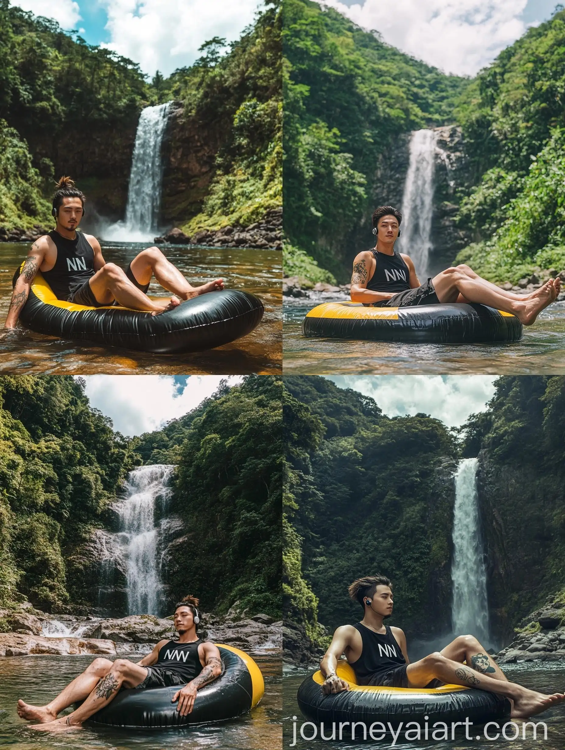 Tranquil-Scene-Korean-Man-Relaxing-by-Waterfall