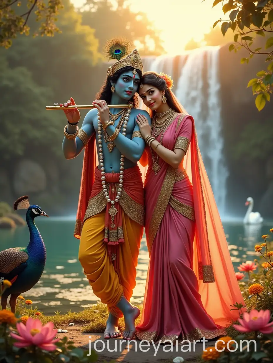 Radha-and-Krishna-in-Divine-Harmony-by-Lotus-Lake-with-Waterfall-and-Peacock