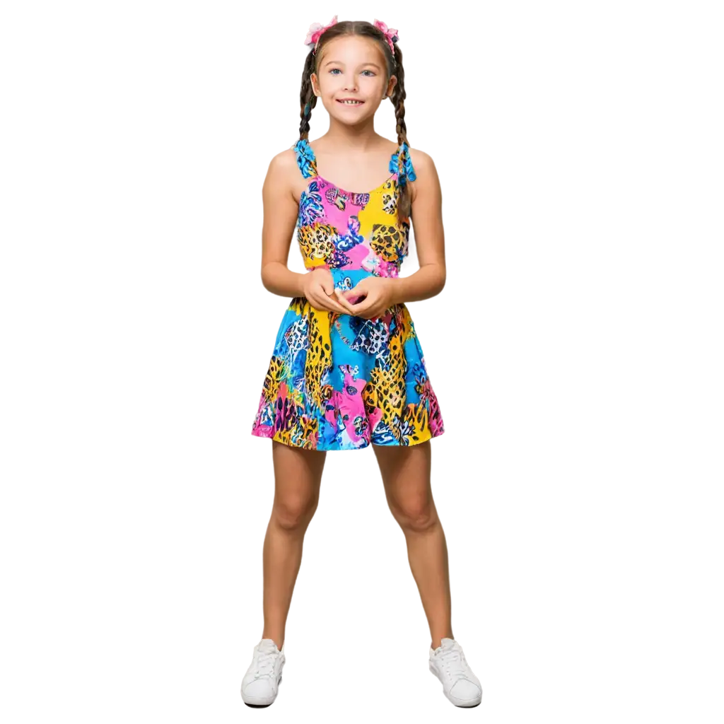 Cheerful-Girl-with-Pigtails-in-Colorful-Animal-Print-Dress-PNG-Image