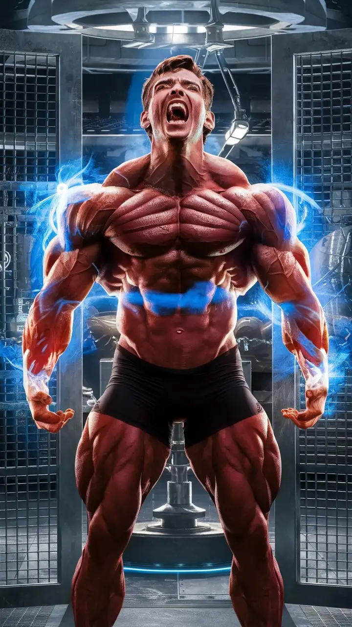 Muscular-Bodybuilder-in-Futuristic-Physics-Lab-Receiving-Luminous-Radiation