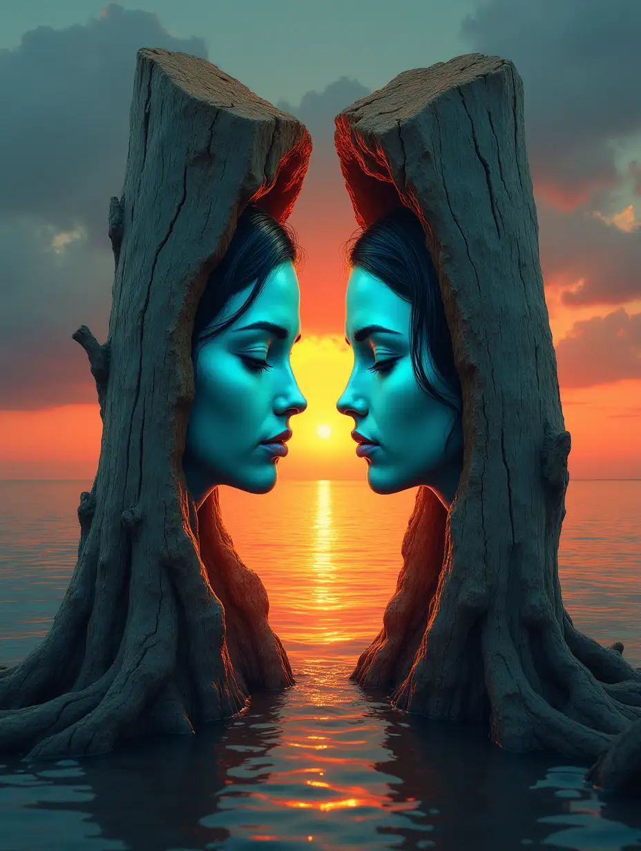 A surreal digital artwork featuring a weathered, cracked tree trunk split down the middle, with two mirrored female faces embedded on either side of the split. The faces are stylized, translucent, and luminescent, blending cool tones of teal and turquoise with hints of the vibrant sunset in the background. Their serene, melancholic expressions include closed eyes and softly parted lips, suggesting introspection and duality. The trunk’s texture is rich with age, detailed with deep cracks and grooves, blending warm browns and grays. The backdrop showcases a dramatic, vibrant sunset with intense hues of orange, red, yellow, and purple reflecting on calm water. The reflection amplifies the harmony of warm and cool tones in the scene. The water’s edge softly grounds the trunk with subtle muddy textures. The overall mood evokes tranquility and the cyclical nature of life, with painterly, impressionistic details highlighting the interplay between natural and surreal elements.