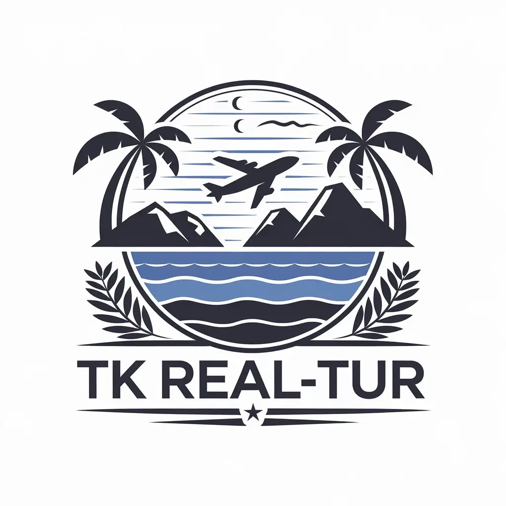 LOGO-Design-for-TK-REALTUR-Travel-Industry-Vector-with-Sea-Mountains-Palms-and-Airplane