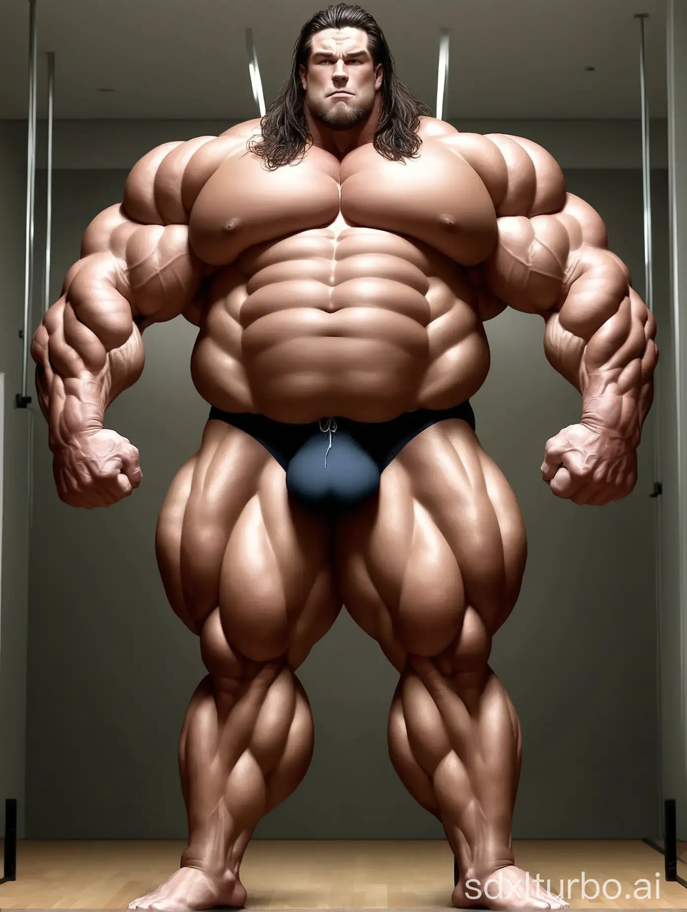 Massive-Muscle-Man-Displaying-Strength-with-Raised-Arms