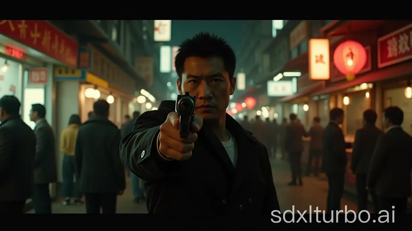 Thriller movie shot by Johnnie To, [a Chinese mafia gangster shooting with a gun at his enemies], [crowded night market], [eye level angle], dramatic lighting, deep shadows, tension-filled atmosphere, symmetrical composition --ar 7:3 --v 6.0 --style raw