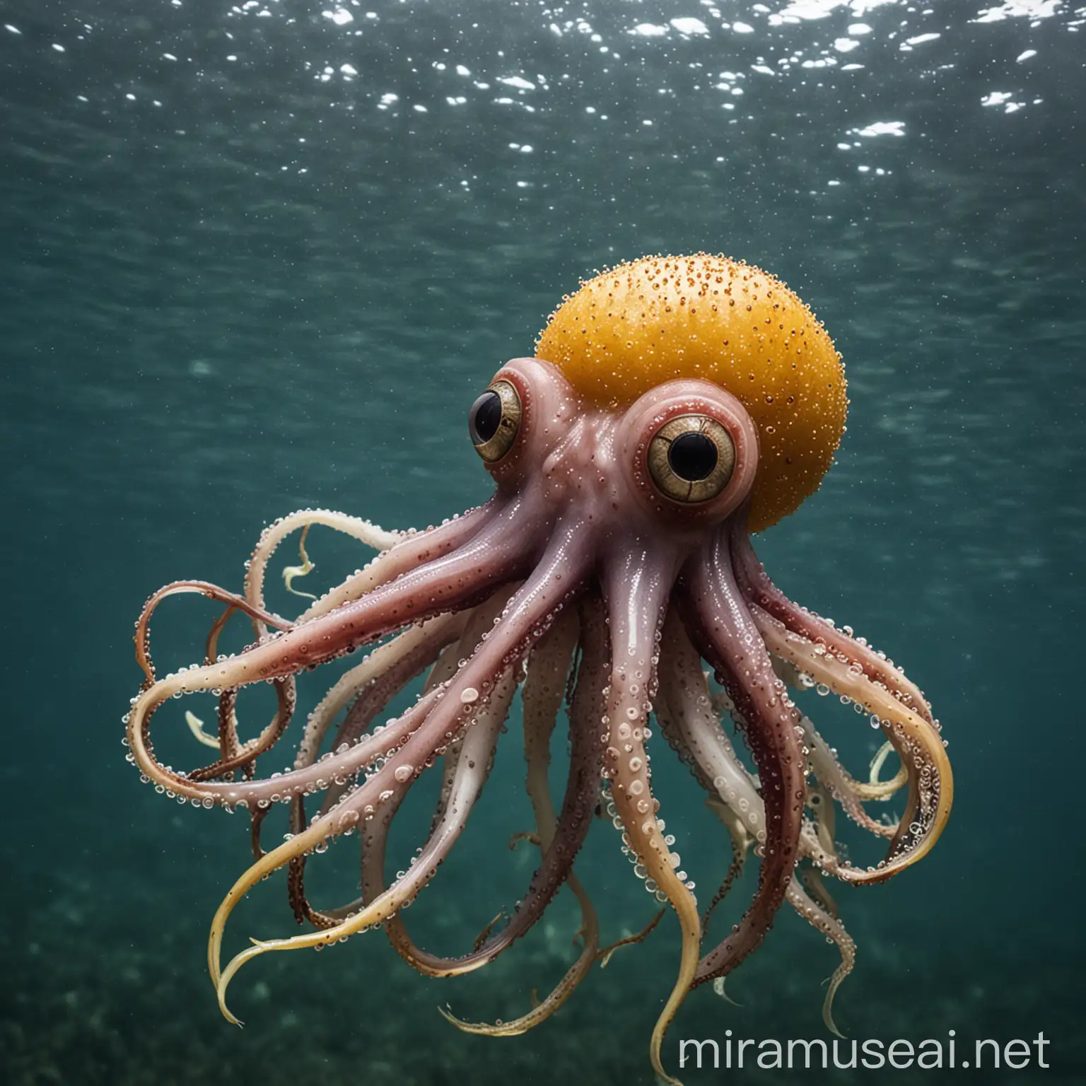 Squid with Passion Fruit Head Swimming in Ocean