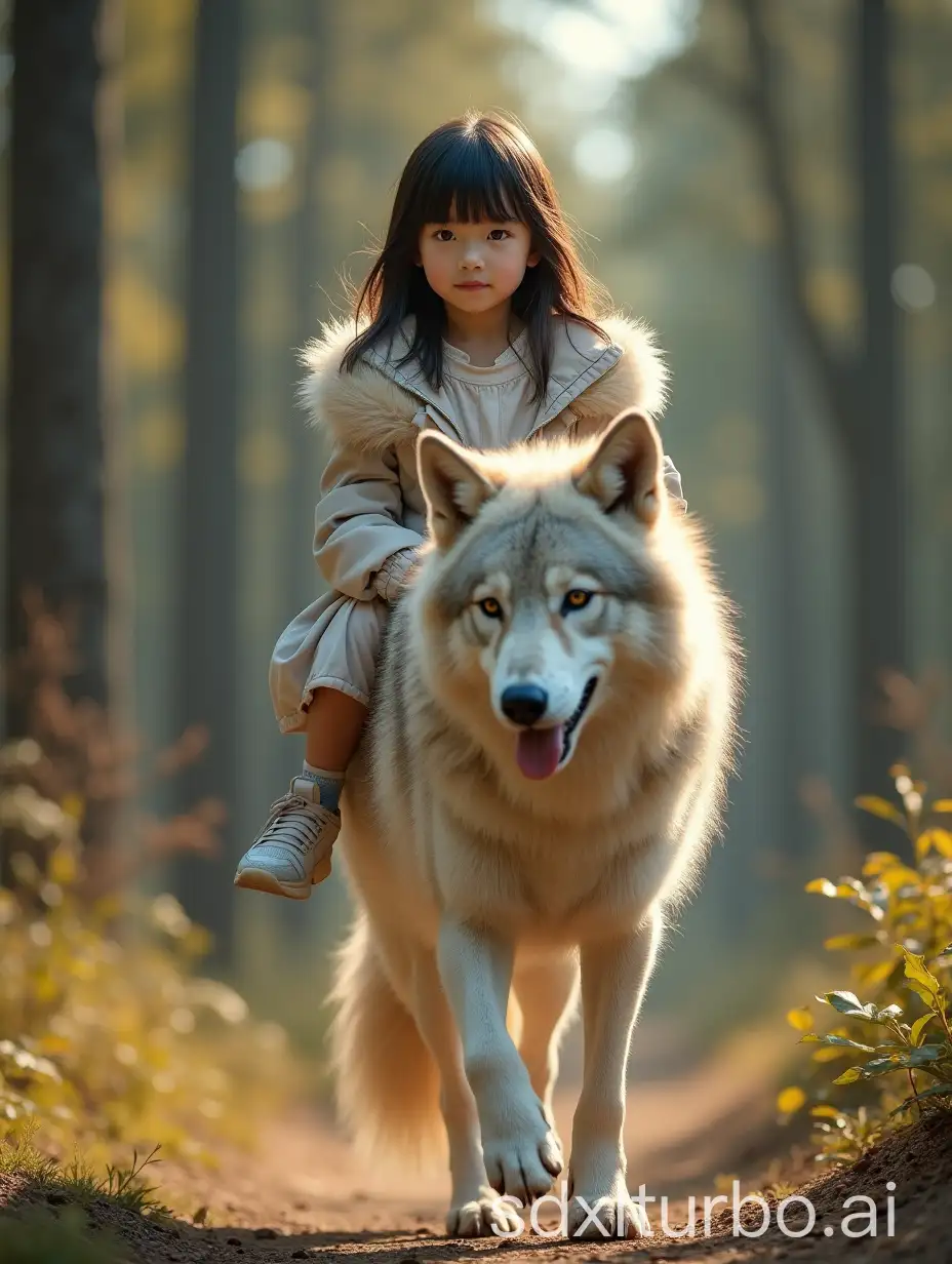 Young-Korean-Girl-Riding-Wolf-in-Forest-on-Sunny-Day