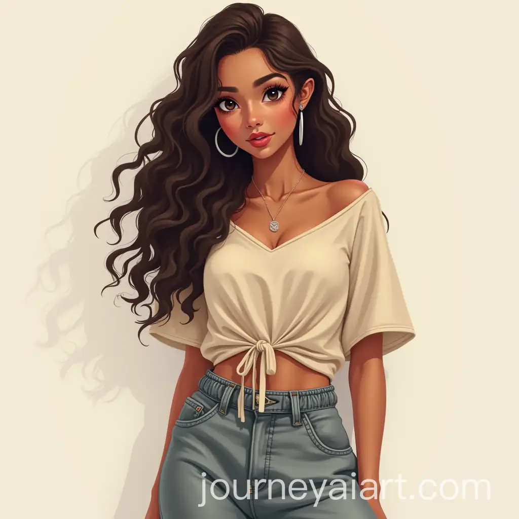 Young-Woman-in-Casual-Attire-with-Wavy-Curls-and-Dark-Brown-Eyes-in-Anime-Style