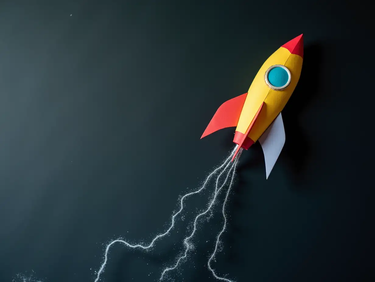 Colorful paper rocket flying over chalkboard background