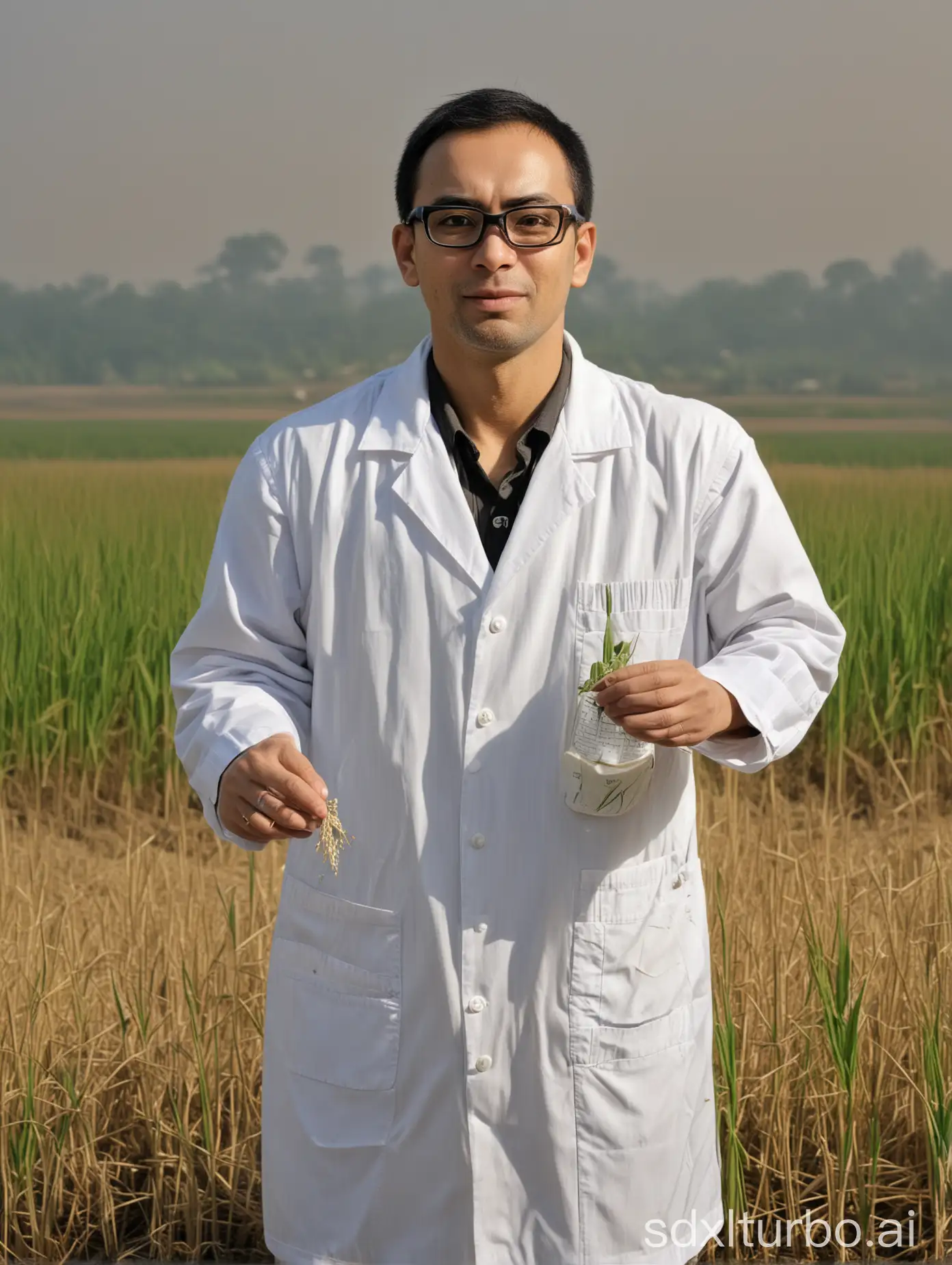 Middleaged-Male-Teacher-Observing-Rice-Field-in-Lab-Coat-and-Glasses