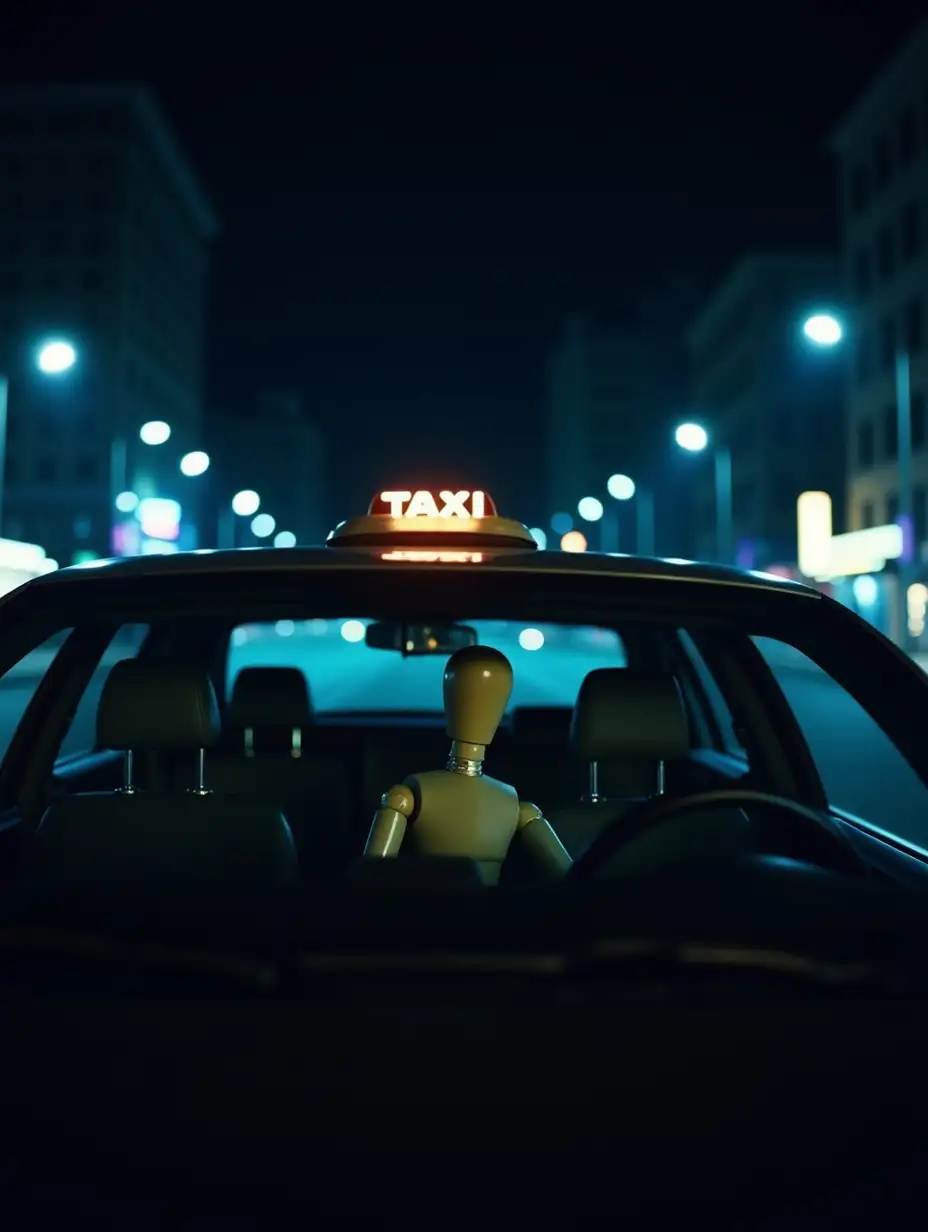 Wooden-Mannequin-in-Taxi-on-Dark-City-Streets