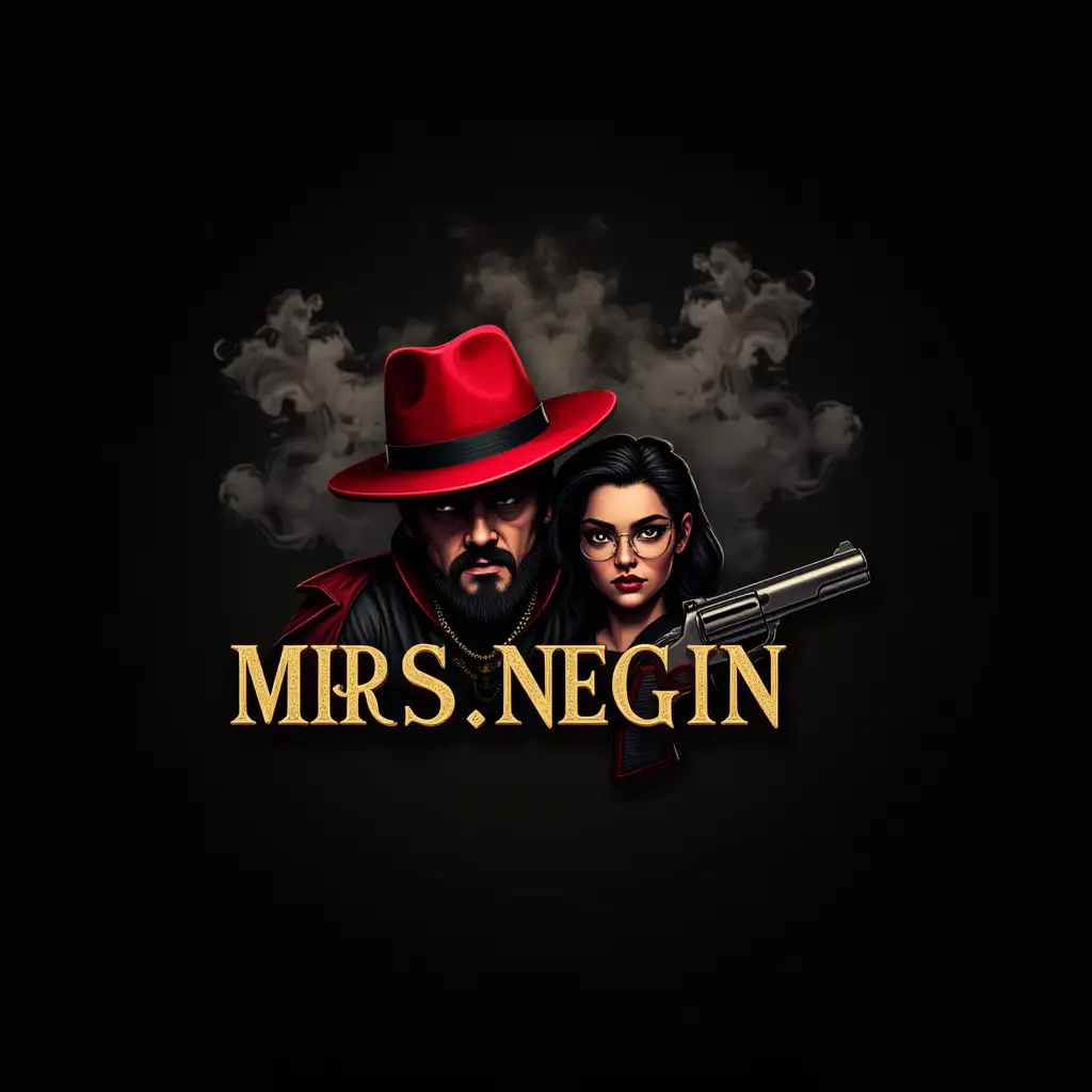 Create a logo with WM and MRS.NEGIN with a black background and lots of smoke. WM has a big red hat and there is a gun next to MRS.NEGIN. The names should be gold in color with a nice font.