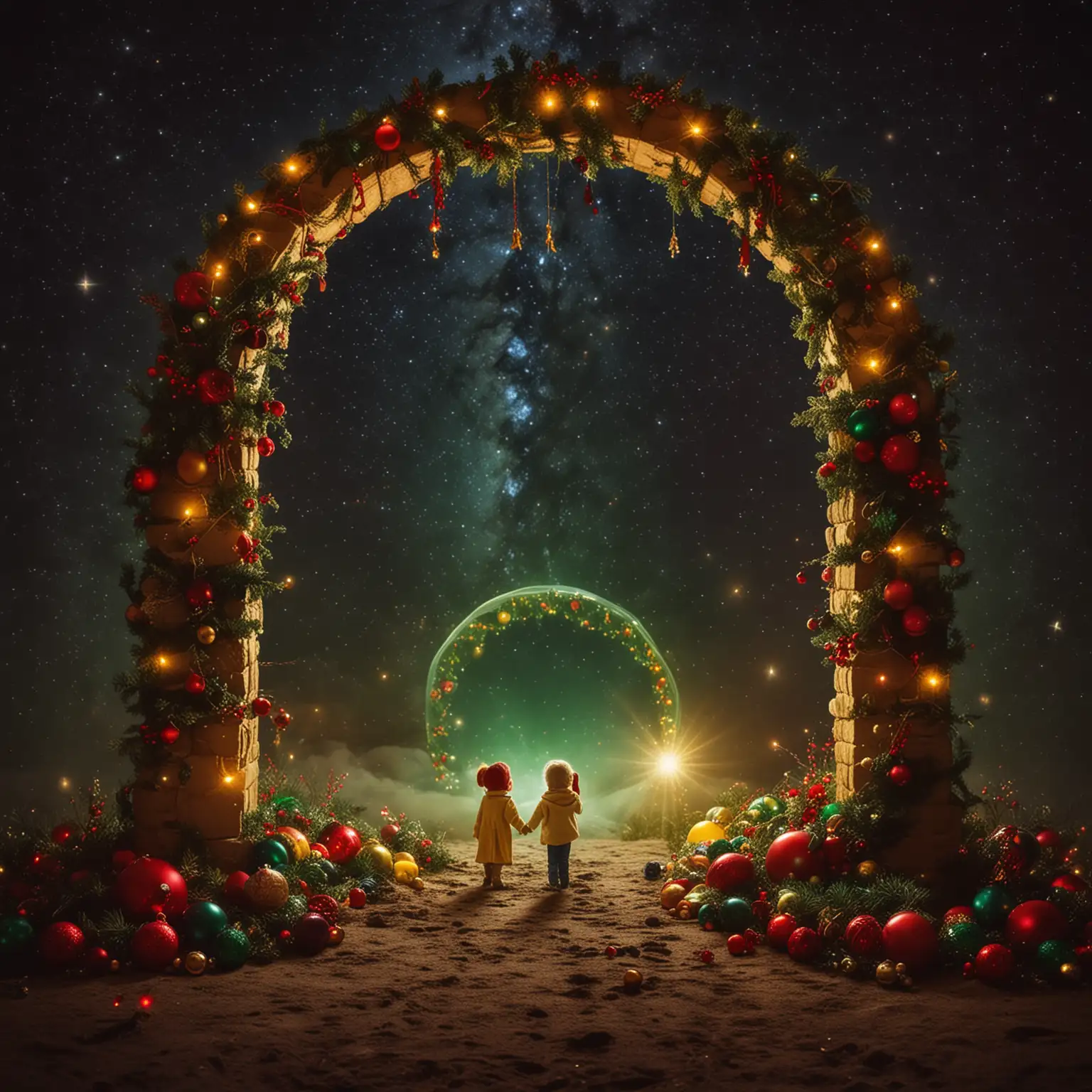 New year, festively, the two of us lost in the galaxy, No light, no earthly joy, Only cosmic echoes, light in the form of glowing arches and Christmas toys on the arches. Beautiful and dark, yellow-green colors, little red. Realistically