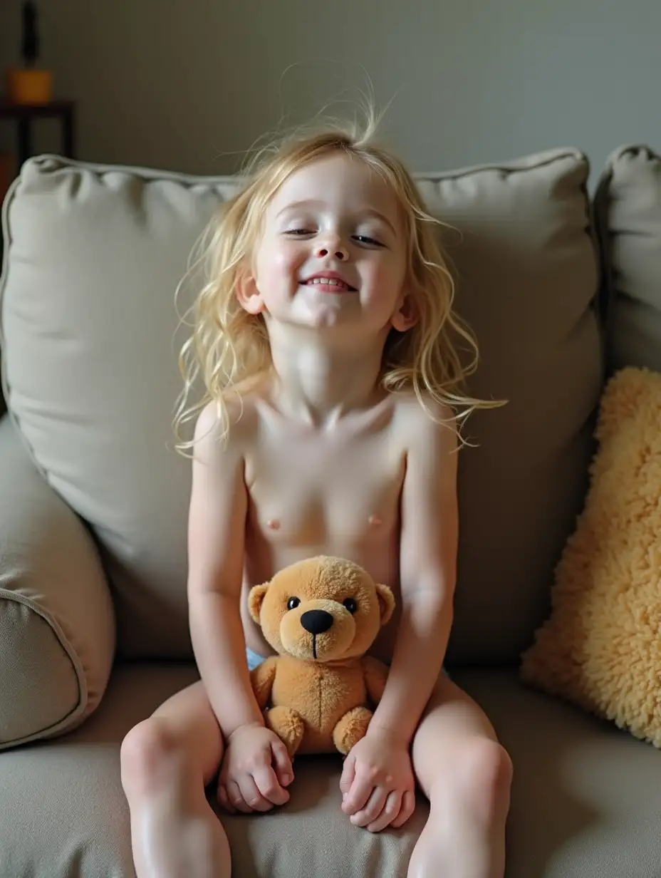 Skinny-Toddler-Girl-Sitting-on-Couch-in-Playroom-Holding-Stuffed-Animal