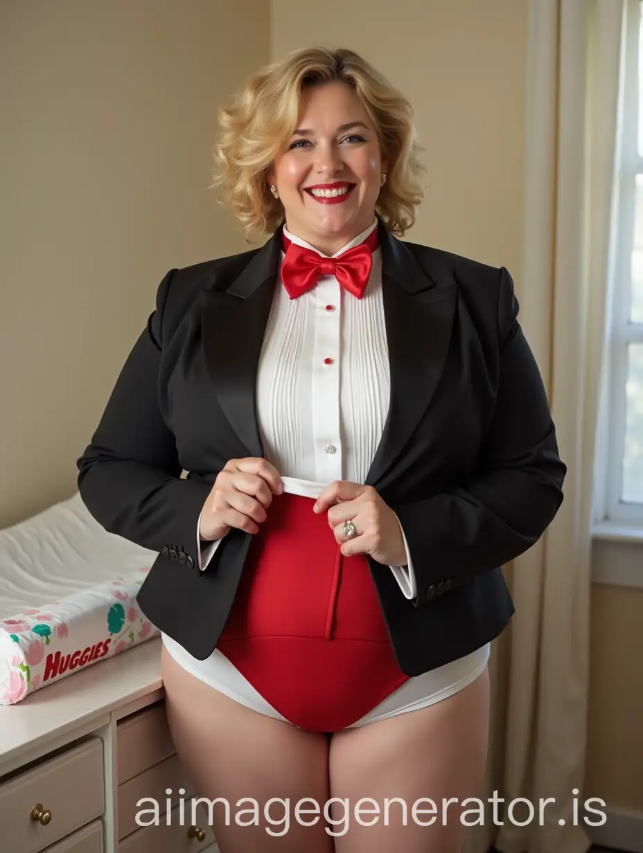 Smiling-MiddleAged-Woman-in-Tuxedo-Unfolding-Diaper-by-Changing-Table