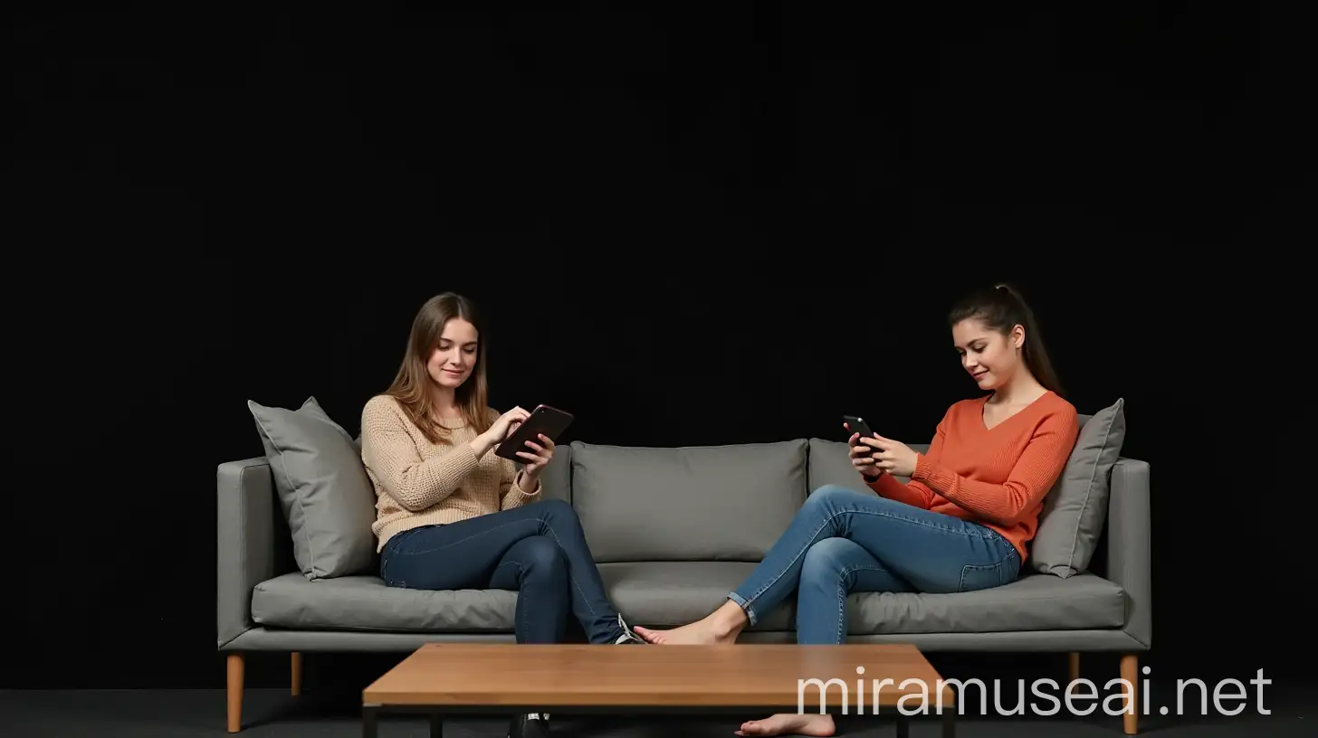 Attractive Cousins Using Mobile Phones at Sofa Set with Center Table