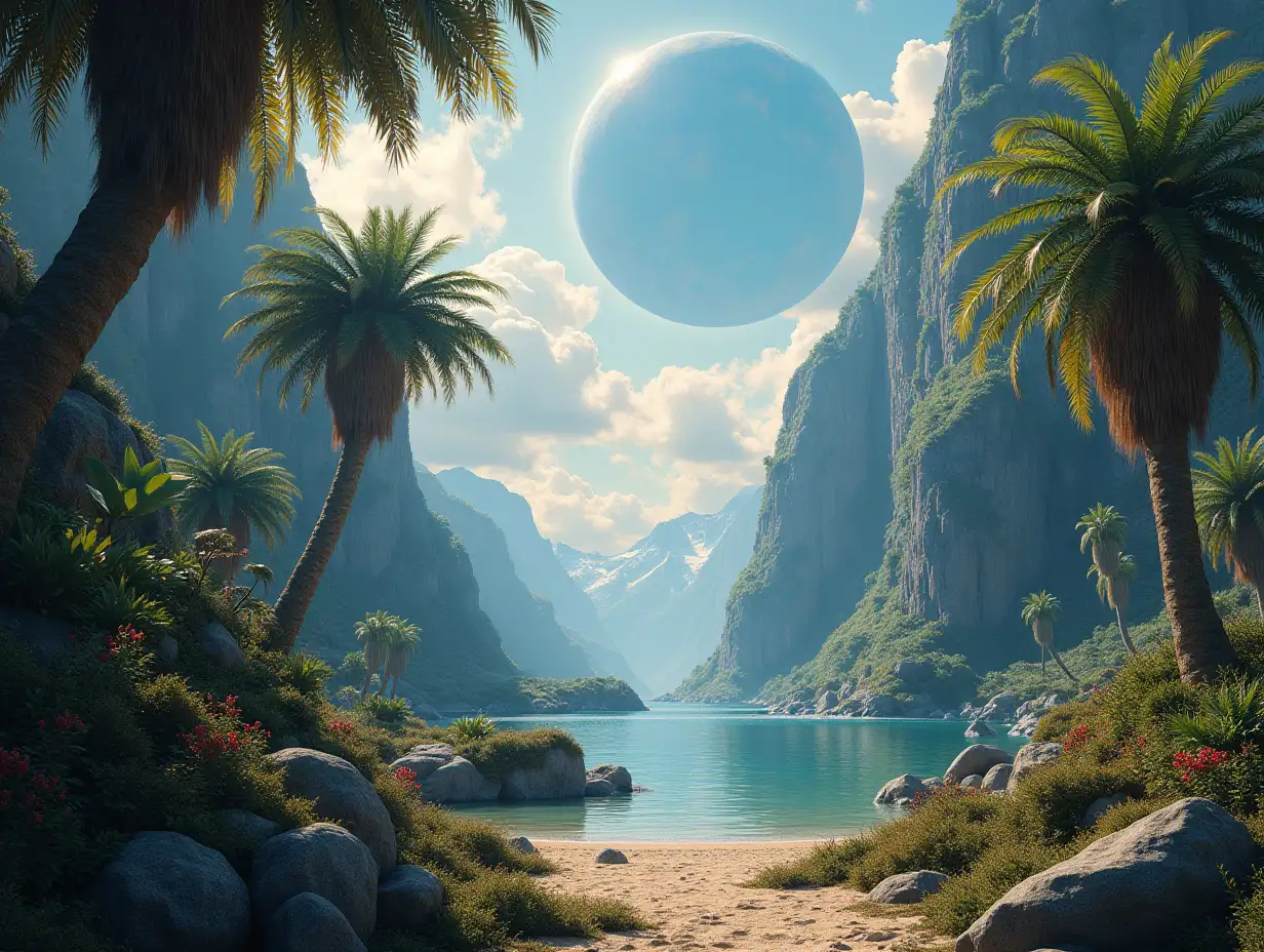 Create for me a photorealistic image of Paradise on another planet