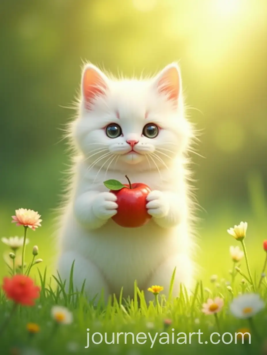 Cute-White-Cat-Holding-Apple-Seed-in-Lush-Garden-with-Sunlight-and-Blooms
