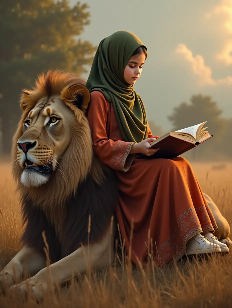 Beautiful Muslim girl. Sitting on the back of a large lion while reading a ledger